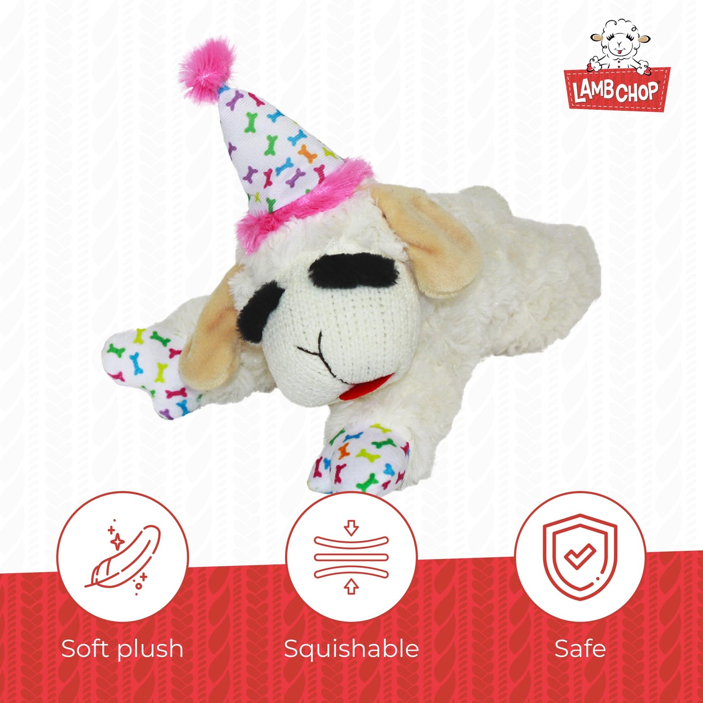 Multipet Lamb Chop Plush Dog Toy with Birthday Hat - Squeaky Toy for All Dogs (10.5”, Pink Hat, 5 Squeakers)