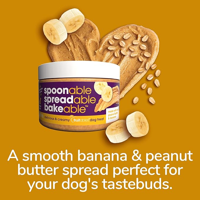 Fruitables Spreads – Spreadable Dog Treat – Bakeable Dog Treat – Real Peanut Butter and Banana – Human - Grade 100% Natural Ingredients – Great for All Dogs – 7 Ounces