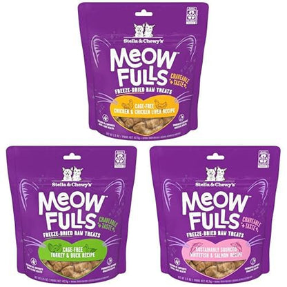 Bundle of Stella & Chewy's Meowfulls Freeze Dried Cat Treats Chicken & Chicken Liver Recipe, Turkey & Duck Recipe, Whitefish & Salmon Recipe, 1.5 oz Bag