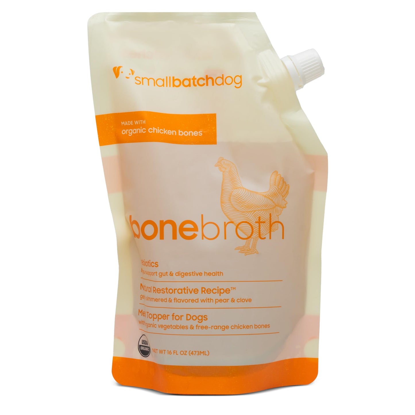 smallbatch Pets Shelf Stable Bone Broth, Organic Chicken Recipe with Prebiotics & Adaptogens, Topper for Dogs and Cats - 16 Ounce
