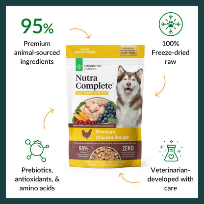 ULTIMATE PET NUTRITION Nutra Complete Freeze Dried Raw Dog Food, Veterinarian Formulated with Antioxidants, Prebiotics & Amino Acids (5 Ounce, Chicken)