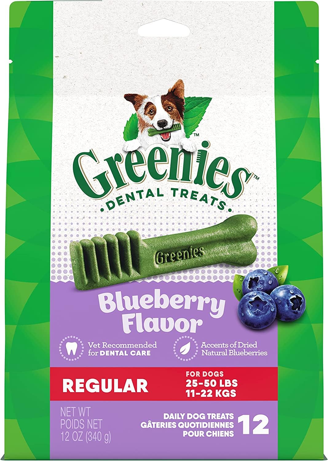 Greenies Bursting Blueberry Dog Dental Treat Regular Size 12 Count