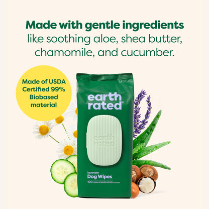 Earth Rated Dog Grooming Wipes, Hypoallergenic, Cleaning and Hydrating, for Paws, Body and Butt, Lavender Scented, 100 Count