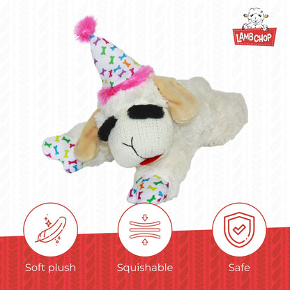 Multipet Lamb Chop Plush Dog Toy with Birthday Hat - Squeaky Toy for All Dogs (10.5”, Pink Hat, 5 Squeakers)