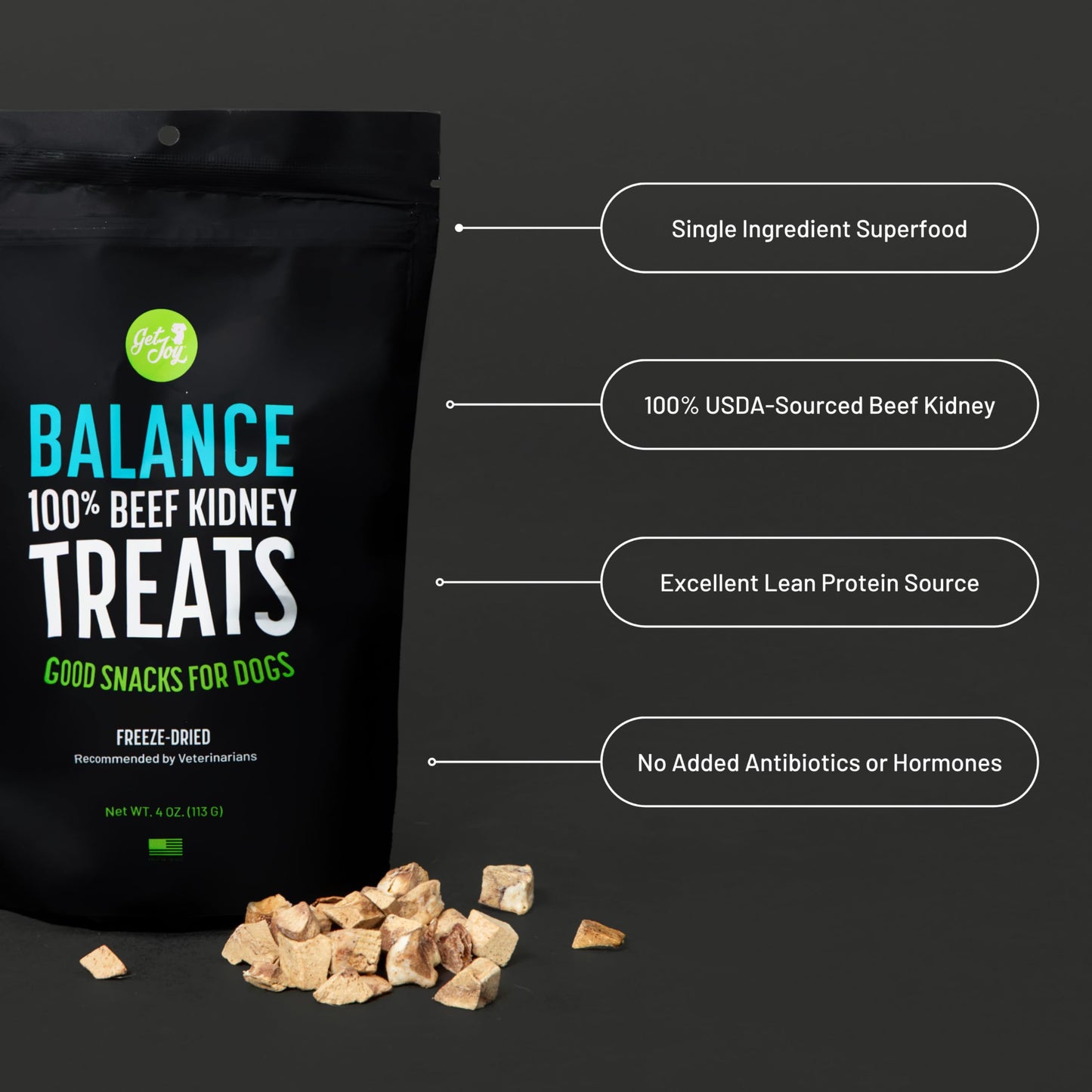 Get Joy Freeze Dried Superfood 100% Beef Kidney Dog Treats, 4 Ounce Bag, Single Ingredient Organ Meat, High Protein, Immune Health, Muscle Repair, Grain Free, Gluten Free, Made in USA