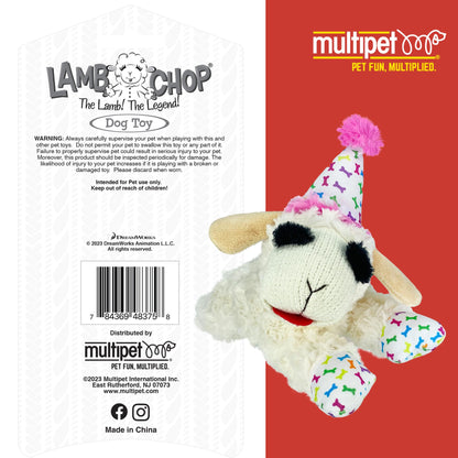 Multipet Lamb Chop Plush Dog Toy with Birthday Hat - Squeaky Toy for All Dogs (10.5”, Pink Hat, 5 Squeakers)