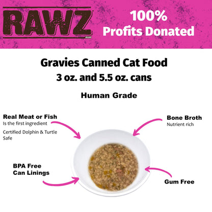 Rawz Natural Premium Minced Canned Cat Food in Gravy from Bone Broth - Made with Real Meat Ingredients No BPA & Gums - (3 Ounce cans), Salmon & Beef