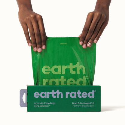 Earth Rated Dog Poop Bags, Thick Grab and Go Single Roll, Ideal for Backyard Pickups, Lavender Scented, 300 Count