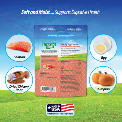 Emerald Pet Wholly Egg Digestive Health Cat Treats - Soft and Moist cat Treats for Healthy Digestion - Natural Prebiotics and Probiotics for cat Digestion - Salmon Treats, 2.5 oz