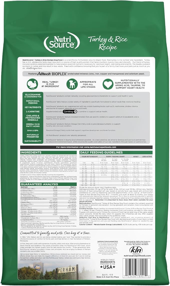 Nutrisource Turkey rice recipe wholesome grains 15lbs dry dog kibble