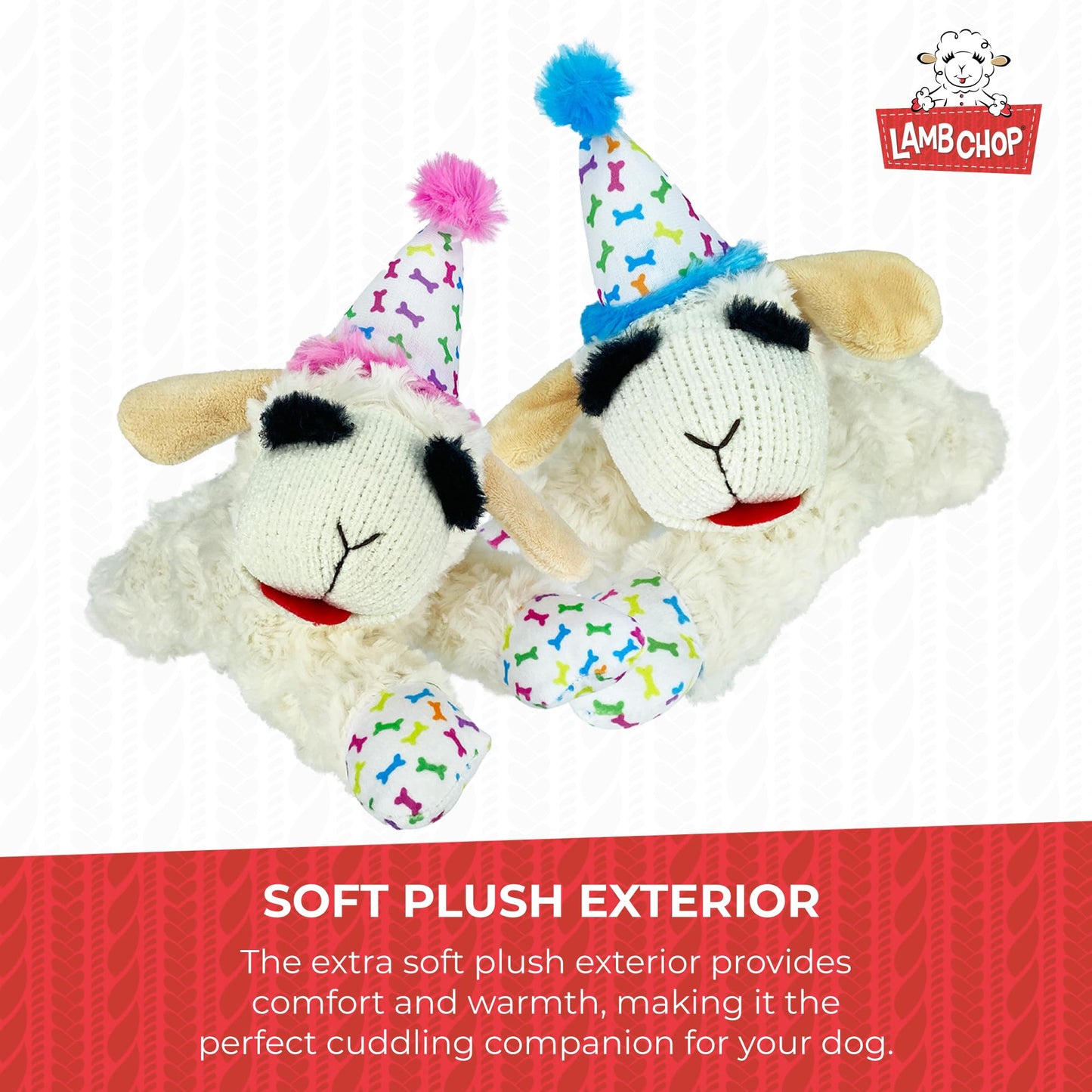 Multipet Lamb Chop Plush Dog Toy with Birthday Hat - Squeaky Toy for All Dogs (10.5”, Pink Hat, 5 Squeakers)