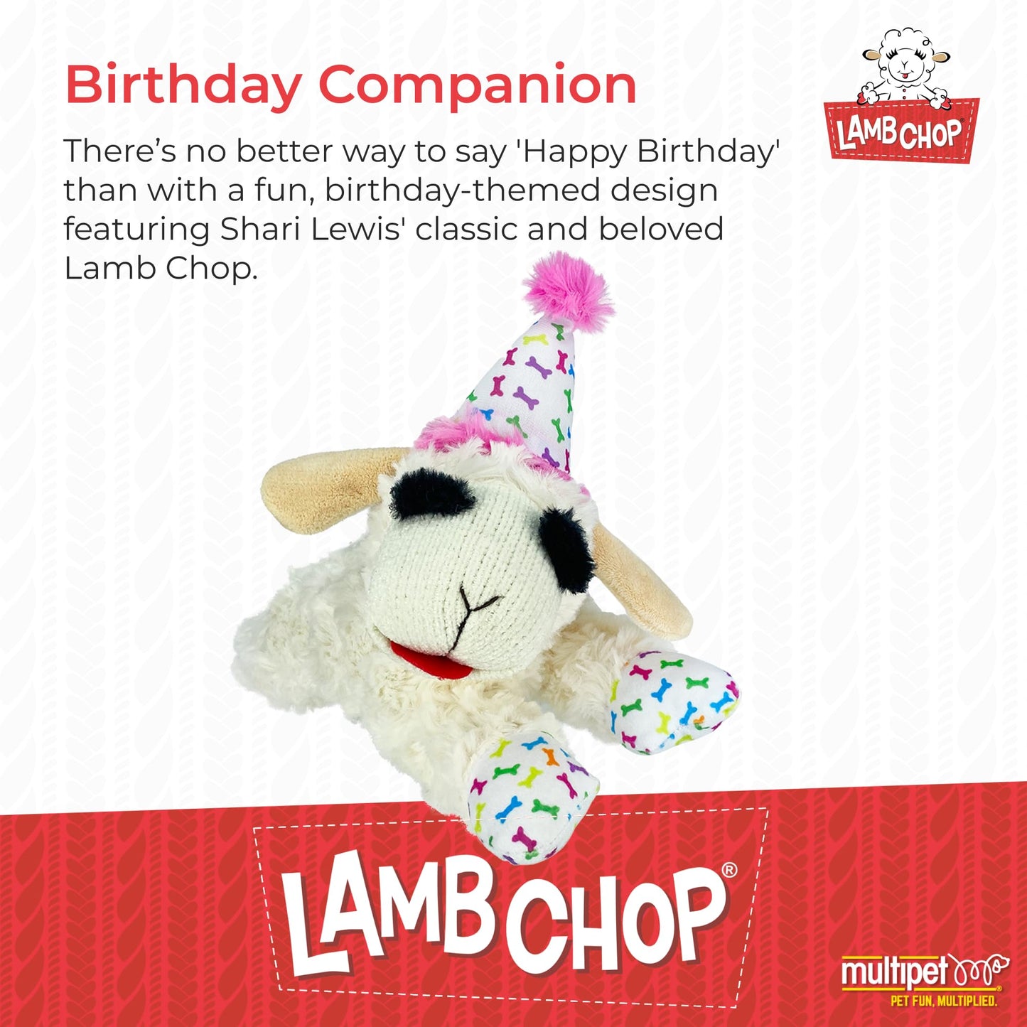 Multipet Lamb Chop Plush Dog Toy with Birthday Hat - Squeaky Toy for All Dogs (10.5”, Pink Hat, 5 Squeakers)