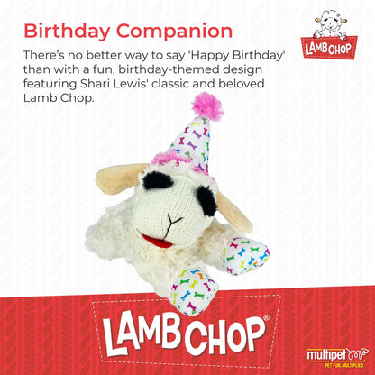 Multipet Lamb Chop Plush Dog Toy with Birthday Hat - Squeaky Toy for All Dogs (10.5”, Pink Hat, 5 Squeakers)