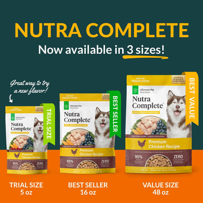 ULTIMATE PET NUTRITION Nutra Complete Freeze Dried Raw Dog Food, Veterinarian Formulated with Antioxidants, Prebiotics & Amino Acids (5 Ounce, Chicken)