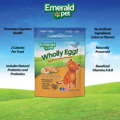 Emerald Pet Wholly Egg Digestive Health Cat Treats - Soft and Moist cat Treats for Healthy Digestion - Natural Prebiotics and Probiotics for cat Digestion - Chicken Treats, 2.5 oz