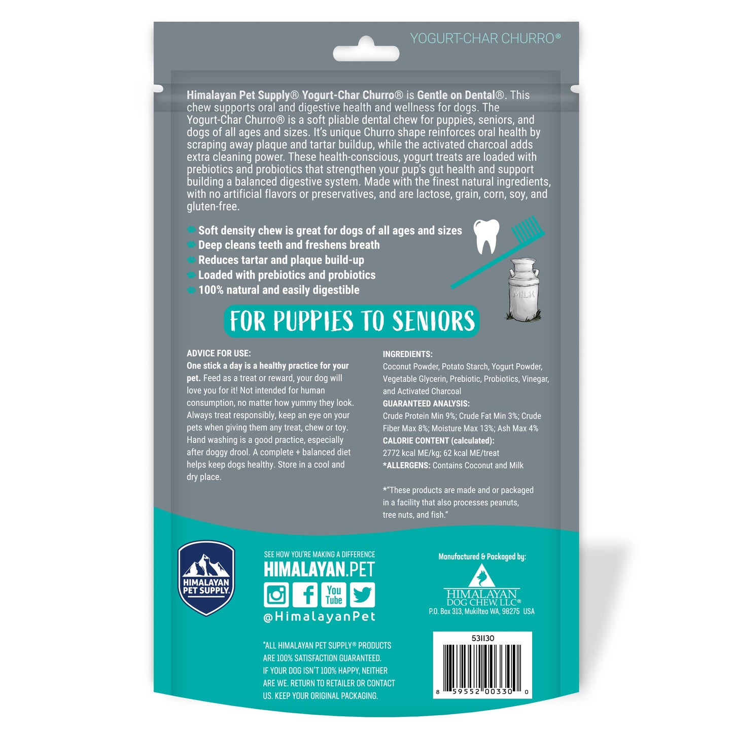 Himalayan Dog Chew Yogurt Char-Churro Charcoal Dental Chews - Dog Teeth Cleaning, Dental Treats for Dogs, Dog Training, 100% Natural, Probiotics, Removes Plaque, Lactose, Grain, Corn, Soy, Gluten-Free