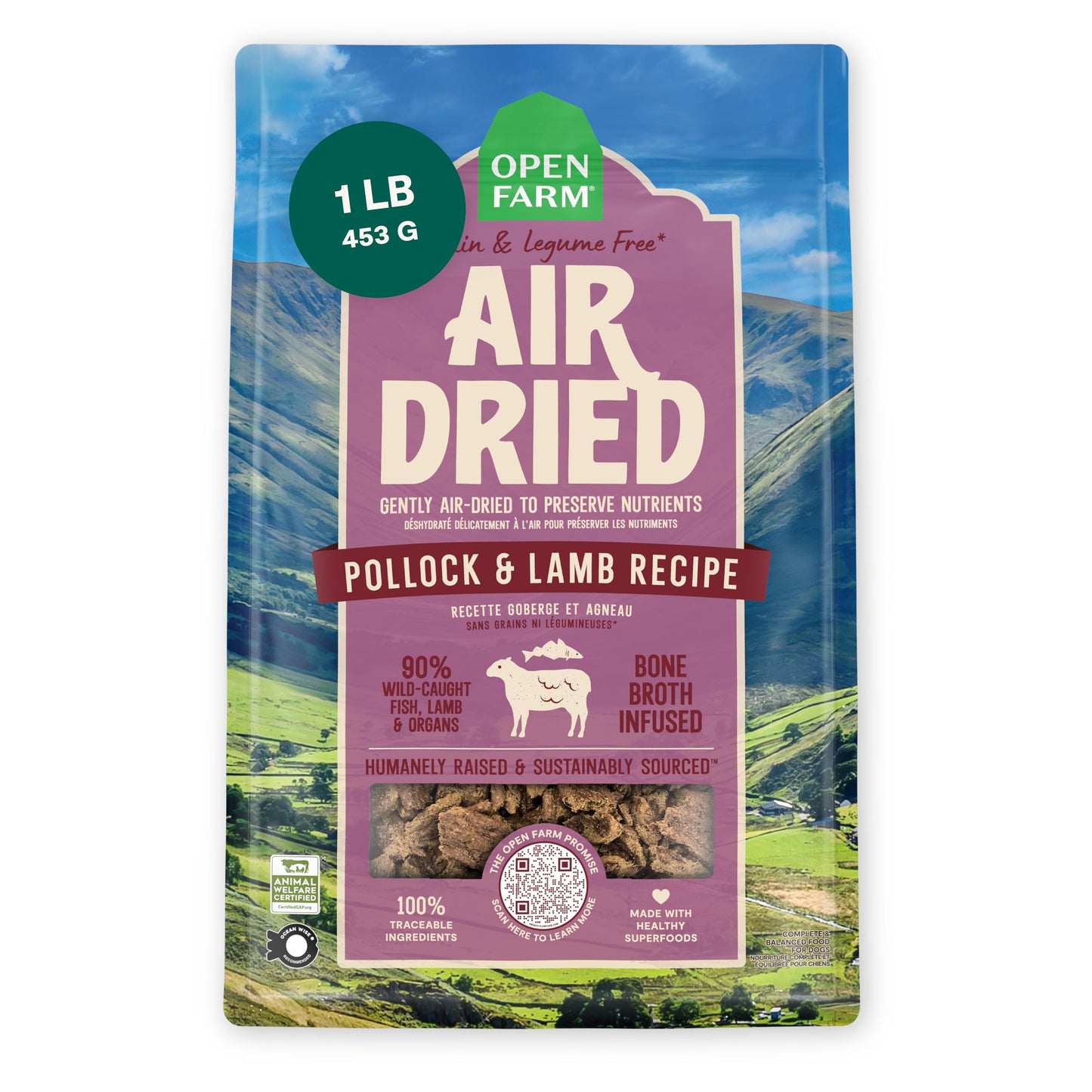 Open Farm, Air Dried Dog Food Infused with Bone Broth, Grain & Legume Free, Complete Meal or Food Topper, Pollock & Lamb Recipe, 1lb Bag
