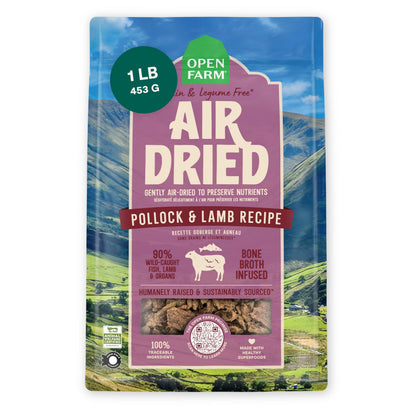Open Farm, Air Dried Dog Food Infused with Bone Broth, Grain & Legume Free, Complete Meal or Food Topper, Pollock & Lamb Recipe, 1lb Bag