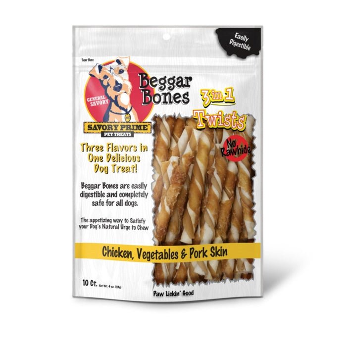 Beggar bones 3 in 1 twists, chicken, pork skin and vegetables