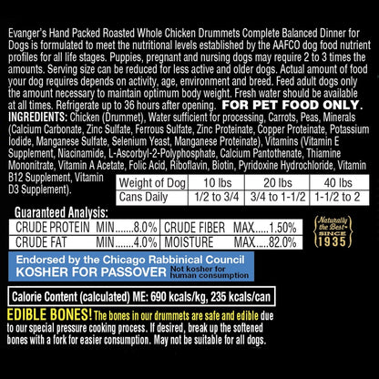 Evanger's Hand Packed Roasted Chicken Drummet Dinner for Dogs, 12 oz can - 077627201035