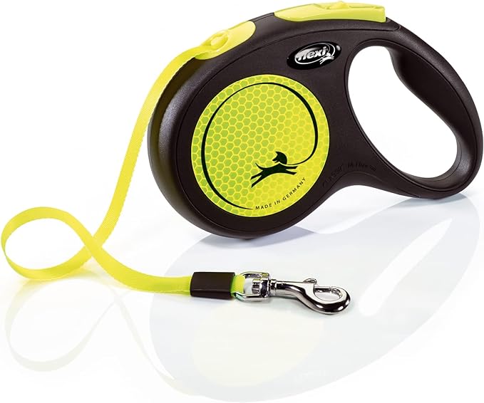FLEXI New Neon Retractable Reflect Dog Leash Tape - Ergonomic - Durable and Tangle Free Pet Walking Leash for Dogs - Medium - Neon/Black - 16 ft