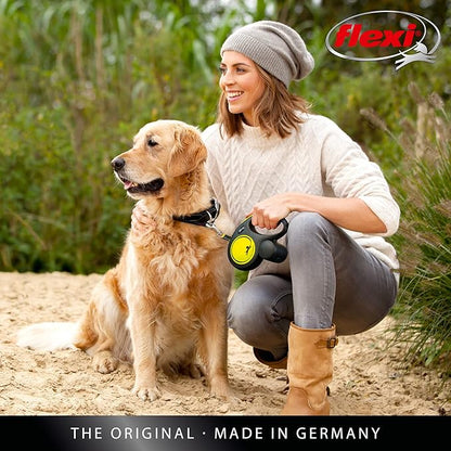 FLEXI New Neon Retractable Reflect Dog Leash Tape - Ergonomic - Durable and Tangle Free Pet Walking Leash for Dogs - Medium - Neon/Black - 16 ft
