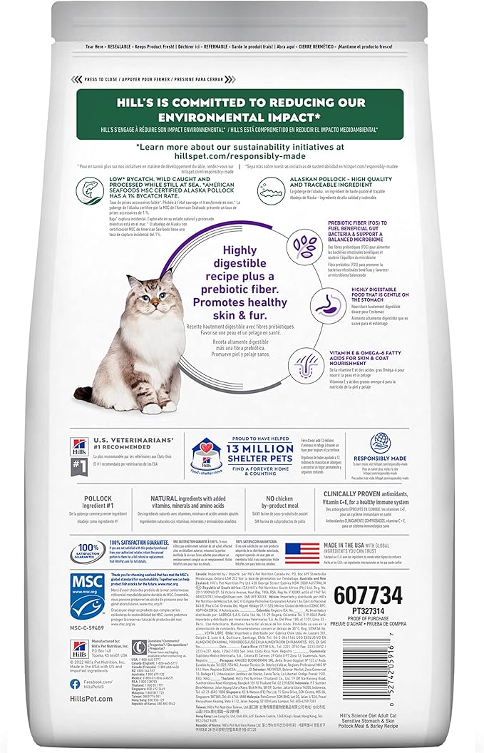 Hill's Science Diet Sensitive Stomach & Sensitive Skin Pollock Meal & Barley Recipe Adult Dry Cat Food, 6 - lb bag 607734