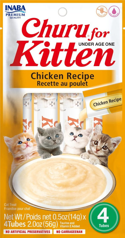 INABA Churu Grain - Free Creamy Purée Lickable Kitten Treats with DHA, EPA, Vitamin E & Taurine - Chicken Recipe - 0.5 Ounces Each - 4 Tubes - cat treat - 810100850333