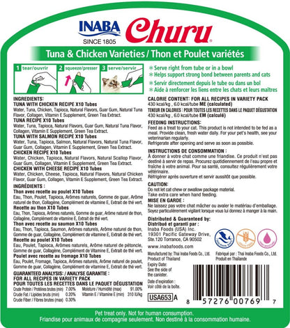INABA Churu Grain - Free Squeezable Creamy Purée Cat Treat with Vitamin E & Taurine - Tuna & Chicken Variety - 0.5 Ounces Each Tube - 50 Tubes - cat treat - 857276007697