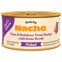 Made by nacho tuna & rainbow trout recipe with bone broth flaked canned cat food 3oz