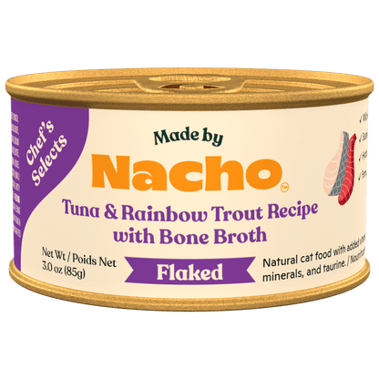 Made by nacho tuna & rainbow trout recipe with bone broth flaked canned cat food 3oz