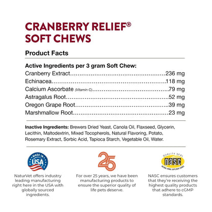 NaturVet – Cranberry Relief Plus Echinacea – Helps Support a Healthy Urinary Tract & Immune System – 60 Soft Chews