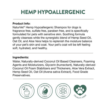 NaturVet Hemp Hypoallergenic Shampoo with Oat and Aloe for Dogs - Liquid - 16oz Made in The USA - dog shampoo - 797801059435