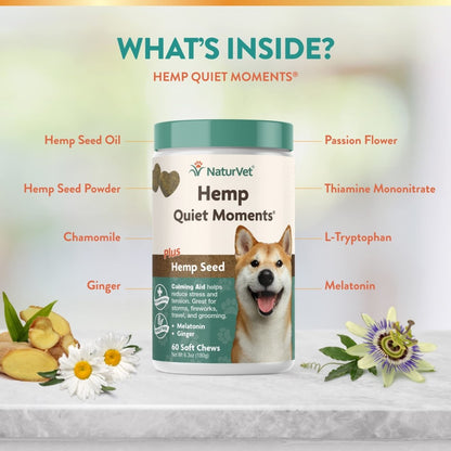 NaturVet Quiet Moments Plus Hemp Calming Aid Soft Chews for Dogs - 60 CT - dog supplement - 797801059312