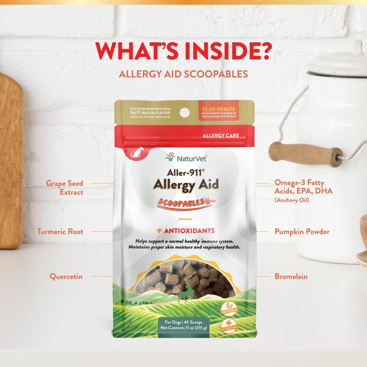 NaturVet Scoopables Aller - 911 Dog Allergy Support Vitamins - Supports Immunity & Seasonal Allergies in Dogs - Hickory Smoked Bacon Flavored Pet Health Supplement - 11oz Bag - dog supplement - 797801605304