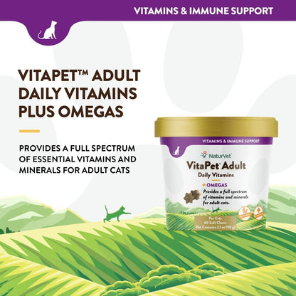 NaturVet VitaPet Adult Daily Vitamins Plus Omegas for Cats - 60 ct Soft Chews - Made in The USA with Globally Source Ingredients