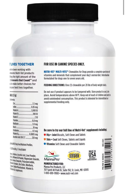 Nutri - Vet Multi - Vite Chewable Tablets Multivitamin for Dogs, 180 count