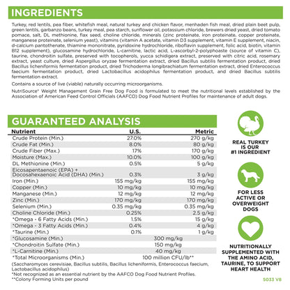 NutriSource Grain Free Dry Dog Food for Weight Management, Turkey, Whitefish Meal & Menhaden Fish Meal, 26 lb Bag