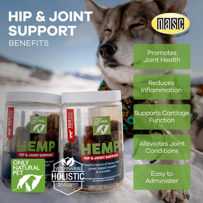 Only Natural Pet Hemp Hip & Joint Support for Dogs - Supplement for Mobility Wellness Pain Relief Healthy Inflammatory & Bone Stiffness - Chews w/Fatty Acid Blend Mussels & Turmeric