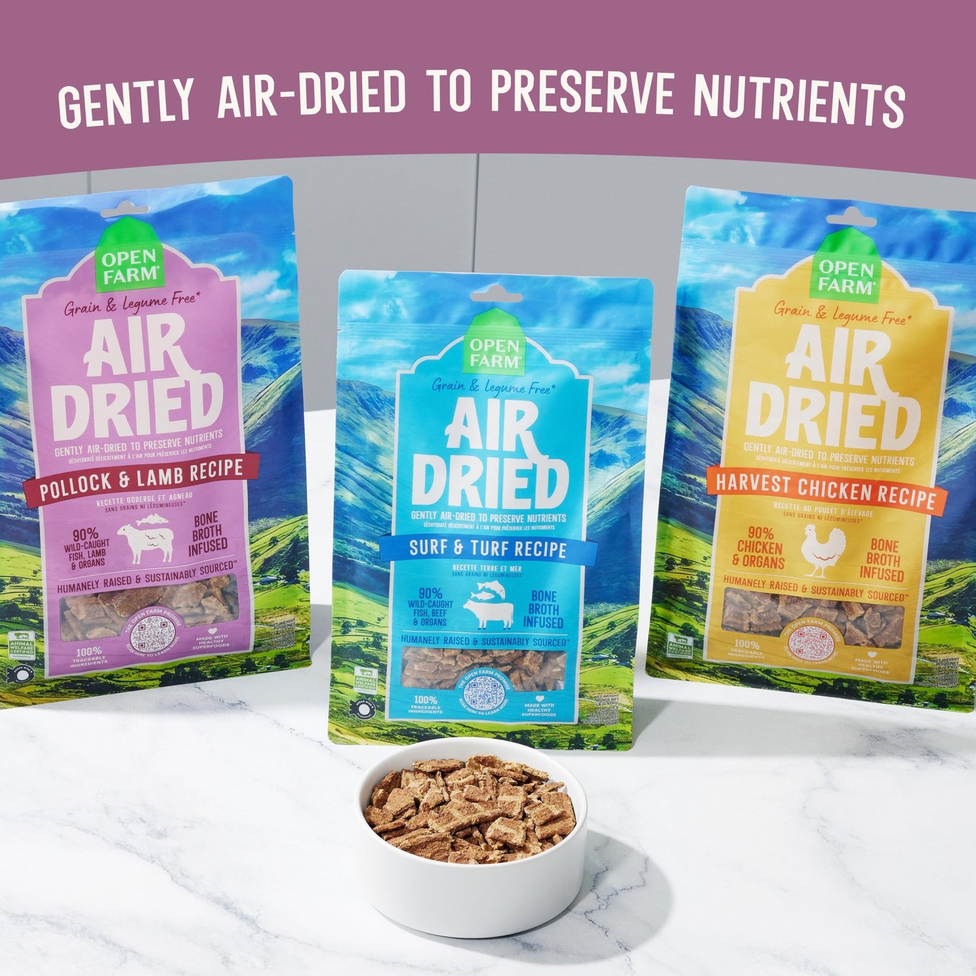 Open Farm, Air Dried Dog Food Infused with Bone Broth, Grain & Legume Free, Complete Meal or Food Topper, Pollock & Lamb Recipe, 1lb Bag