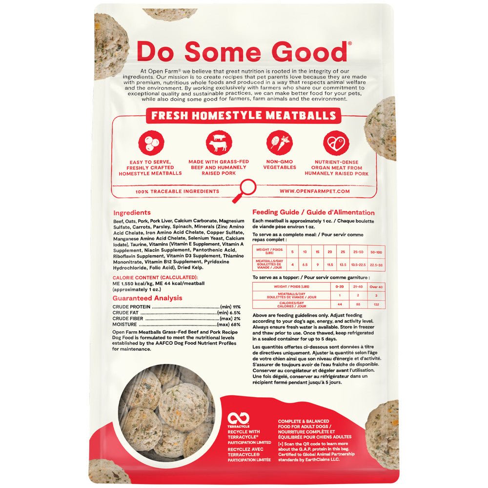 Open farm meat balls beef & pork recipe 14oz frozen dog food