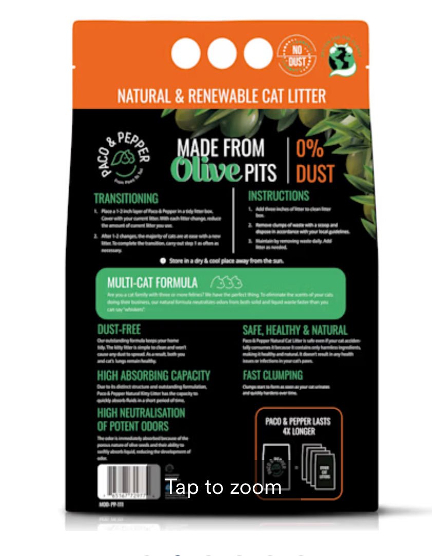 Paco & Pepper Made from Olive Pits 0% Dust Natural Unscented Clumping Cat Litter, 11.5 lbs.