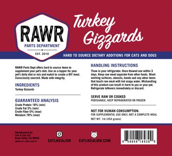 Rawr turkey gizzards frozen