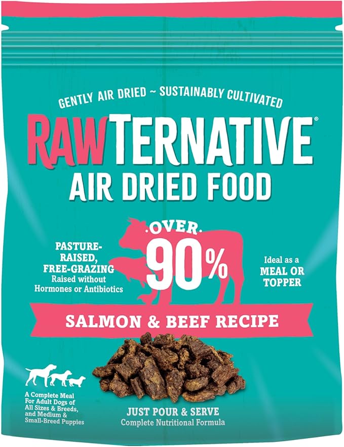 RawTernative Air Dried Dog Food, High Protein, Over 90% Real Salmon & Beef + New Zealand Green Lipped Mussels, Complete Meal or Topper, Grain Free, Gluten Free, Non GMO, (5 oz Bag)