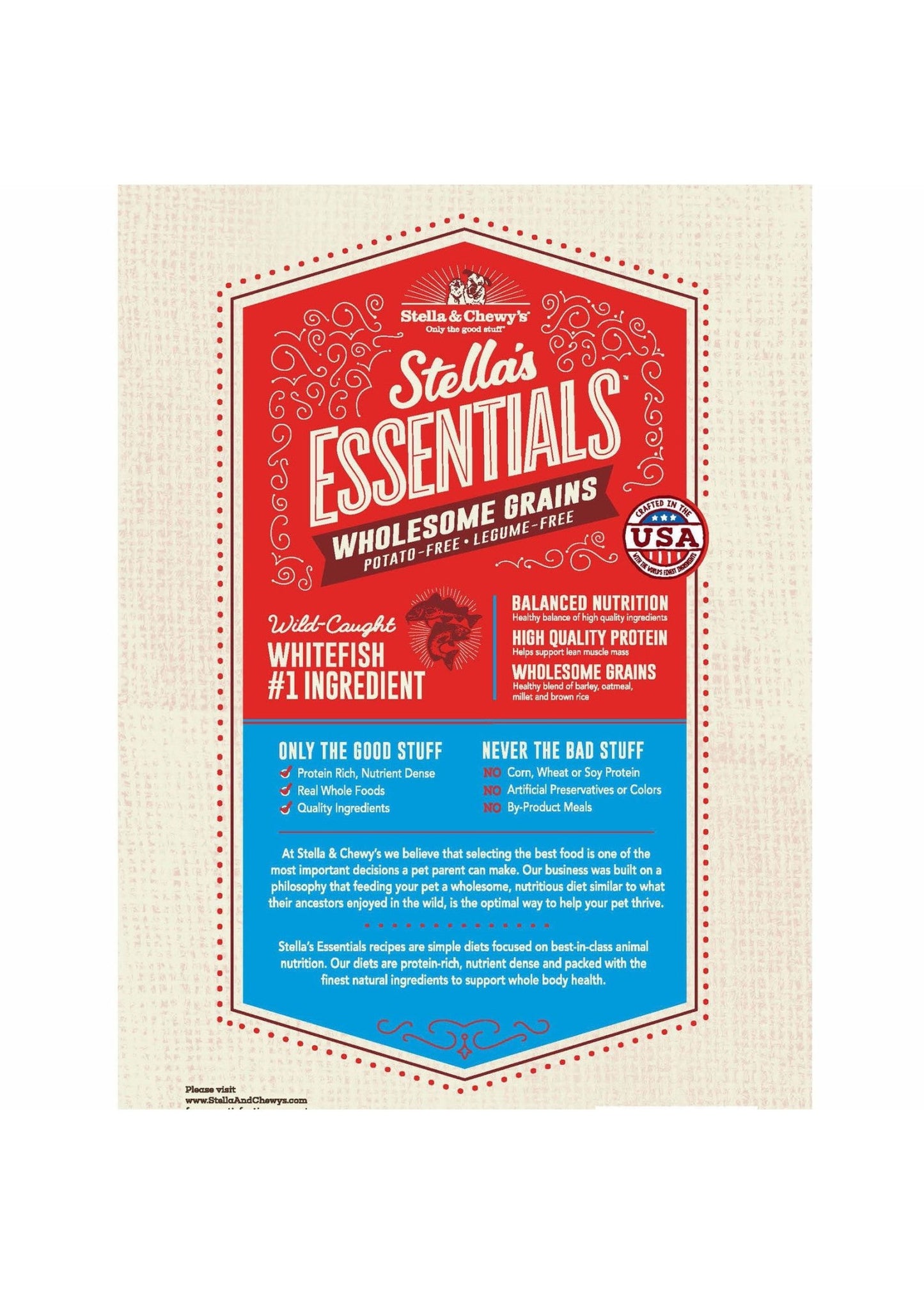 Stella and Chewy’s essentials wholesome grain white fish ancient grains and salmon recipe 25 lb