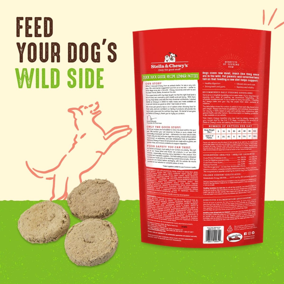 Stella & Chewy's Freeze Dried Raw Dinner Patties – Grain Free Dog Food, Protein Rich Duck Duck Goose Recipe – 5.5 oz Bag