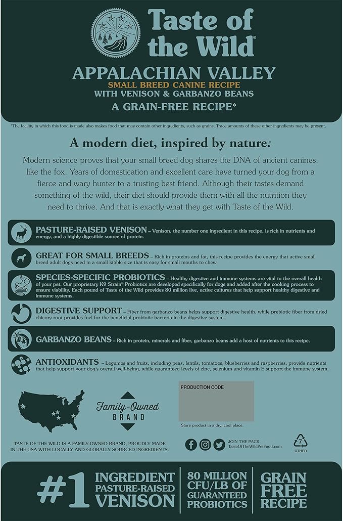 Taste of the wild Appalachian valley small breed canine recipe with venison & garbanzo 14lb
