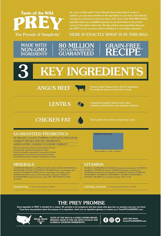 Taste of the wild prey angus beef recipe for cats dry cat food kibble 6lbs