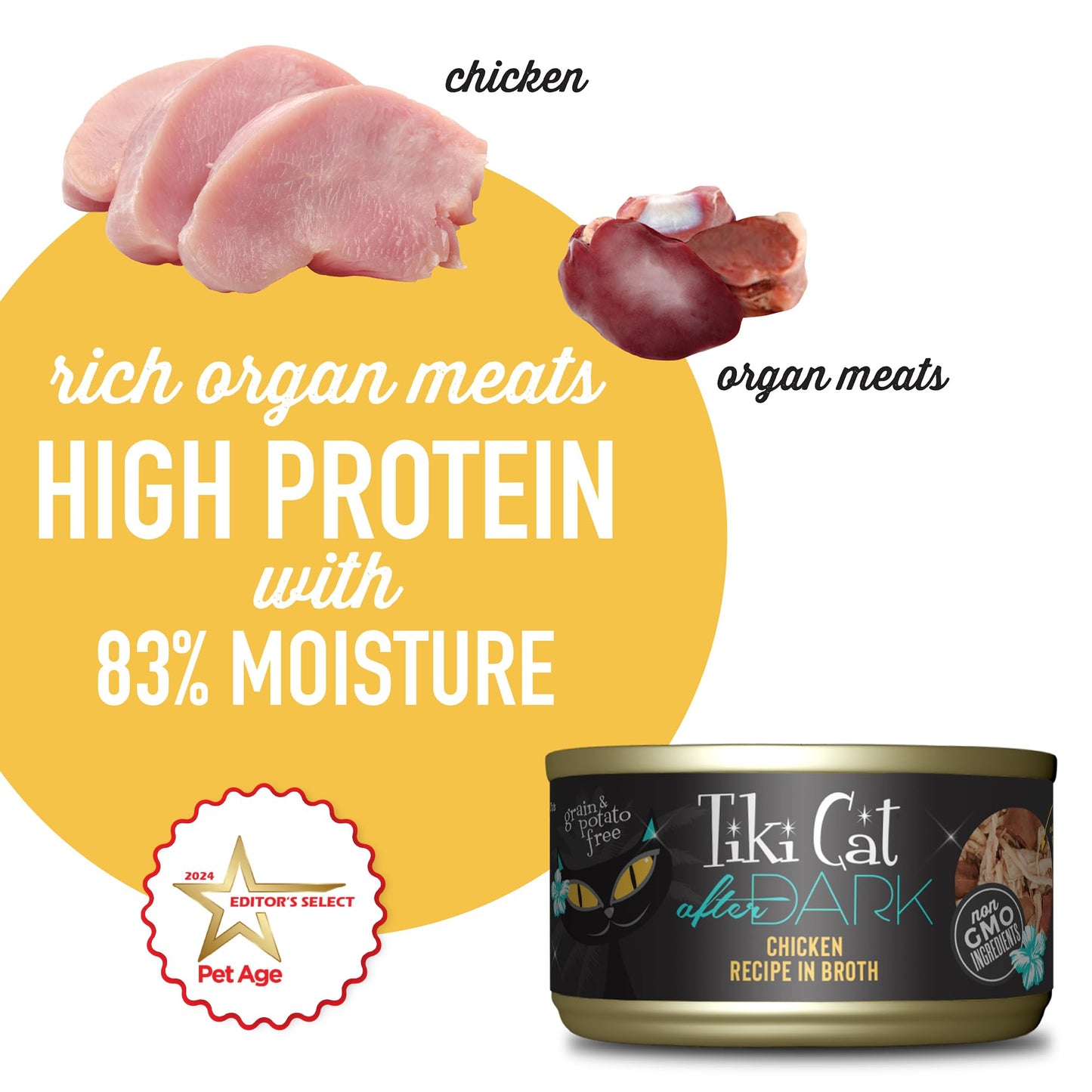 Tiki Cat After Dark, Chicken, High - Protein and 100% Non - GMO Ingredients, Wet Cat Food for Adult Cats, 2.8 oz. Cans