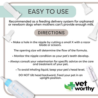 Vet Worthy Canine Nursing Kit - Dog Nursing Set for Orphaned and Newborn Puppies - Pet Feeding Support Kit with Feeding Bottle - Milk Bottle Brush and Nipples